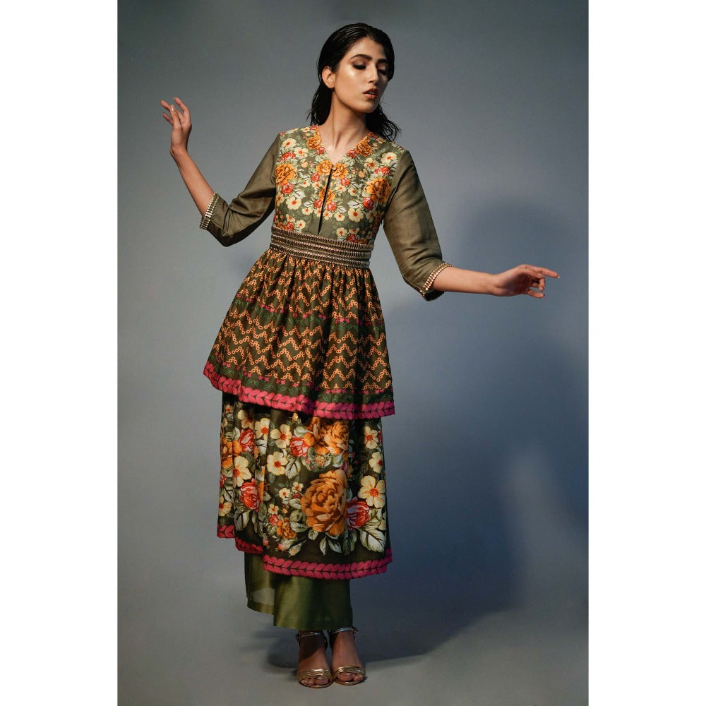 Saksham & Neharicka Olive Layered Kurta In Chanderi (Set of 2)