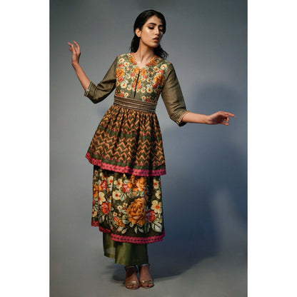 Saksham & Neharicka Olive Layered Kurta In Chanderi (Set of 2)