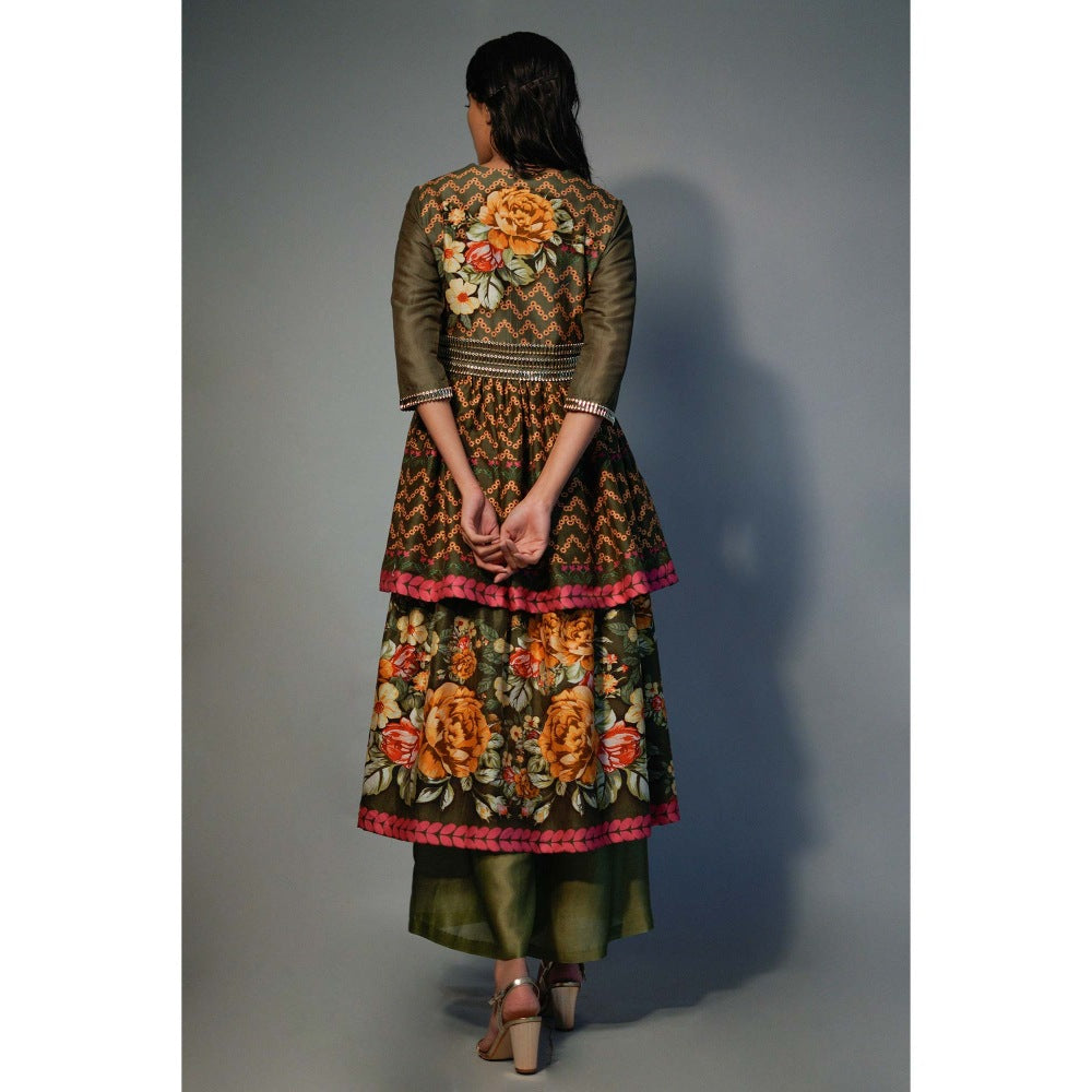 Saksham & Neharicka Olive Layered Kurta In Chanderi (Set of 2)