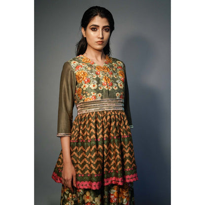 Saksham & Neharicka Olive Layered Kurta In Chanderi (Set of 2)