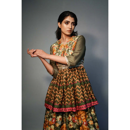 Saksham & Neharicka Olive Layered Kurta In Chanderi (Set of 2)