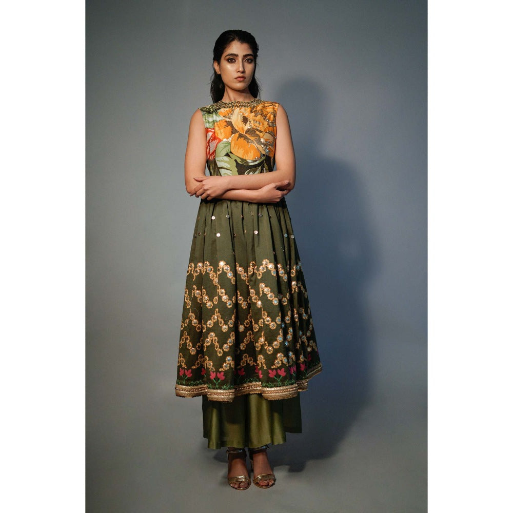 Saksham & Neharicka Olive Embellished Kurta In Chanderi (Set of 2)