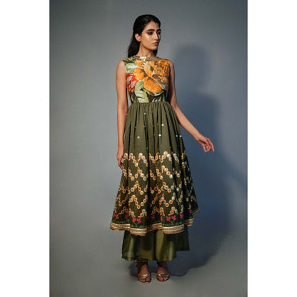 Saksham & Neharicka Olive Embellished Kurta In Chanderi (Set of 2)