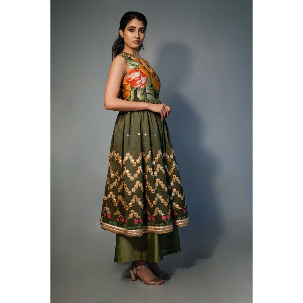 Saksham & Neharicka Olive Embellished Kurta In Chanderi (Set of 2)