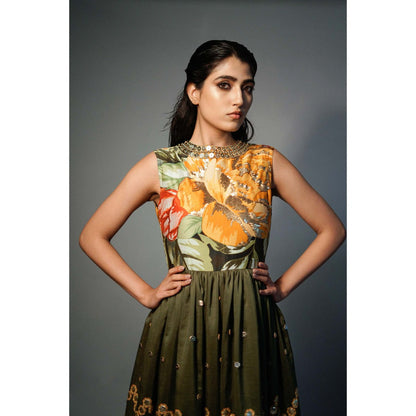 Saksham & Neharicka Olive Embellished Kurta In Chanderi (Set of 2)