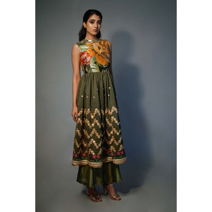 Saksham & Neharicka Olive Embellished Kurta In Chanderi (Set of 2)