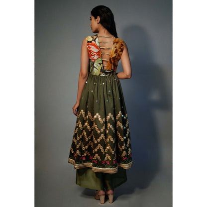 Saksham & Neharicka Olive Embellished Kurta In Chanderi (Set of 2)