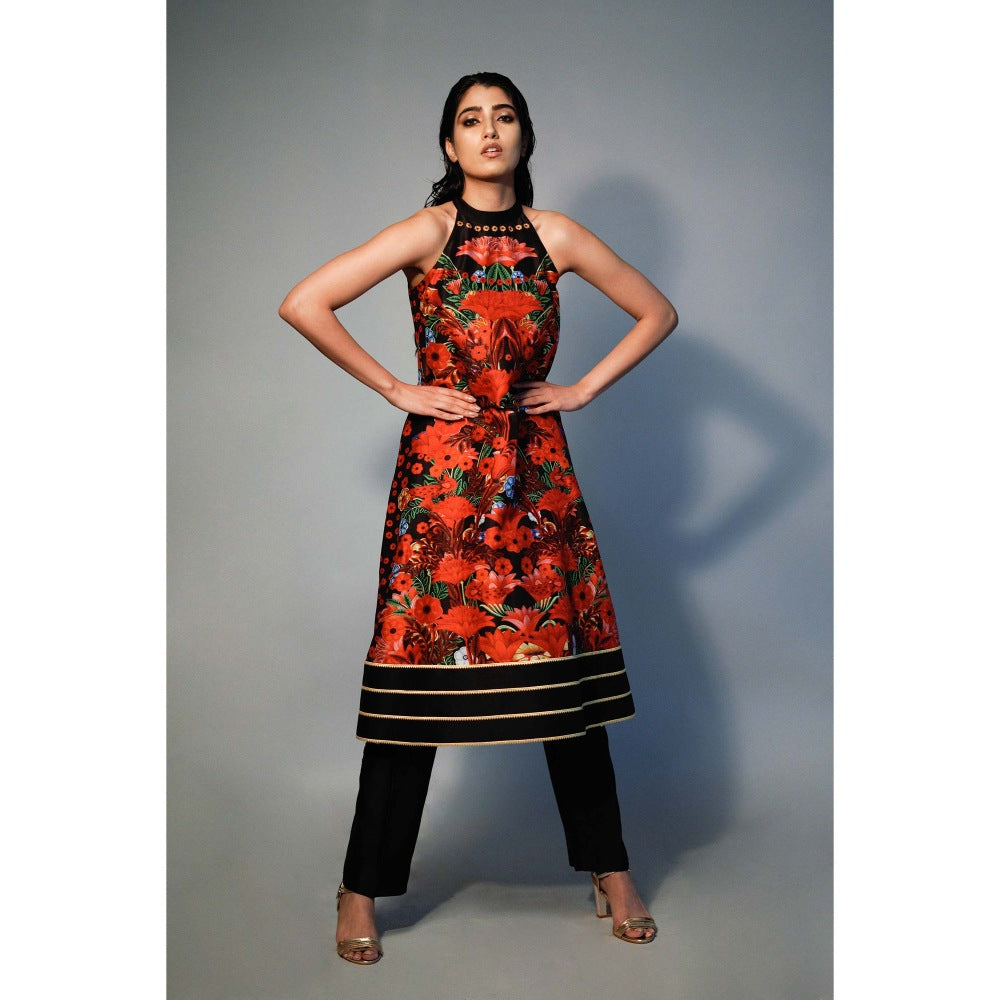 Saksham & Neharicka Multi-Color Halter Neck Printed Kurta In Chanderi