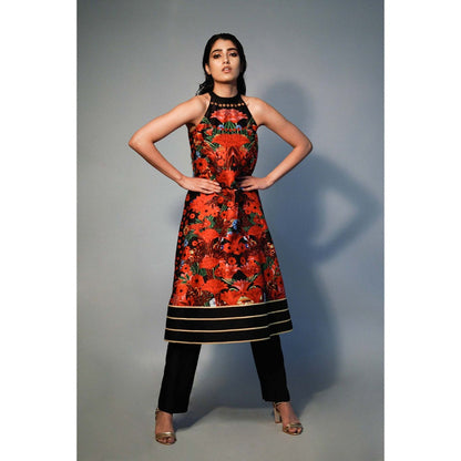 Saksham & Neharicka Multi-Color Halter Neck Printed Kurta In Chanderi