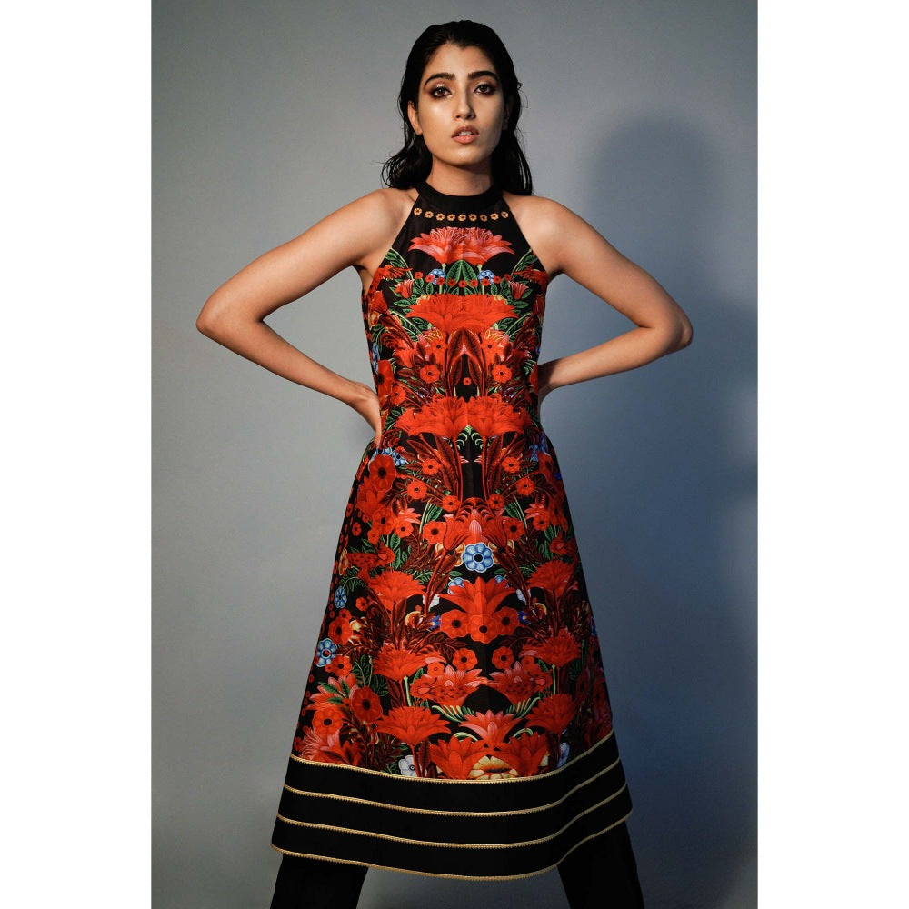 Saksham & Neharicka Multi-Color Halter Neck Printed Kurta In Chanderi