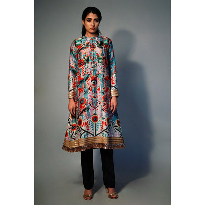 Saksham & Neharicka Blue Printed Kurta In Chanderi