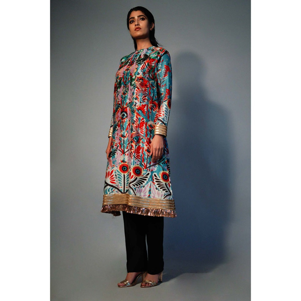 Saksham & Neharicka Blue Printed Kurta In Chanderi