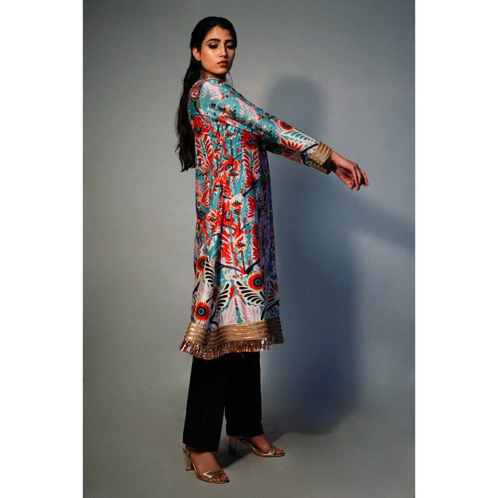 Saksham & Neharicka Blue Printed Kurta In Chanderi