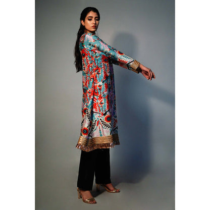 Saksham & Neharicka Blue Printed Kurta In Chanderi