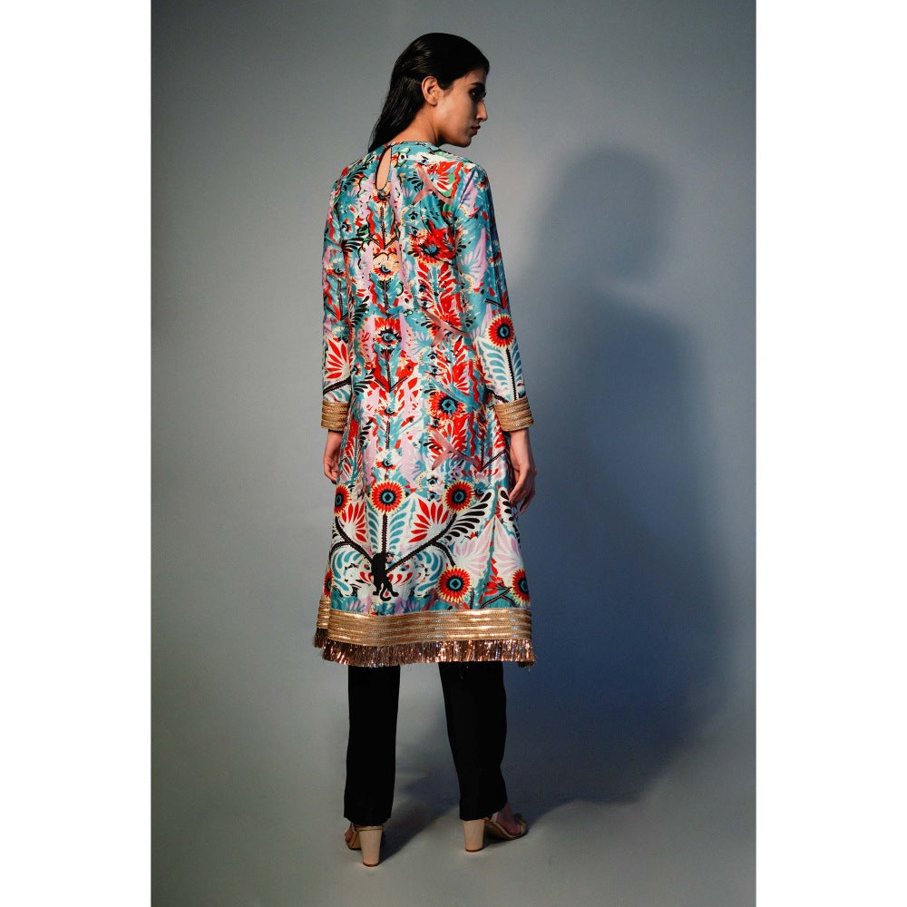Saksham & Neharicka Blue Printed Kurta In Chanderi