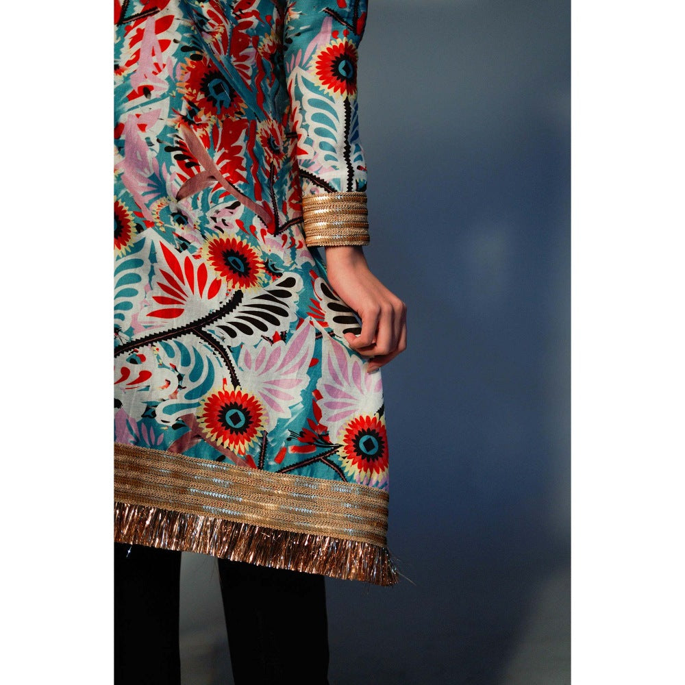 Saksham & Neharicka Blue Printed Kurta In Chanderi