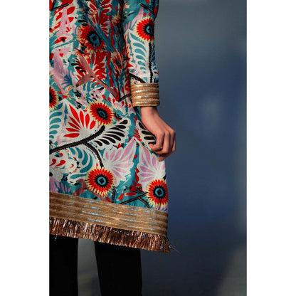 Saksham & Neharicka Blue Printed Kurta In Chanderi