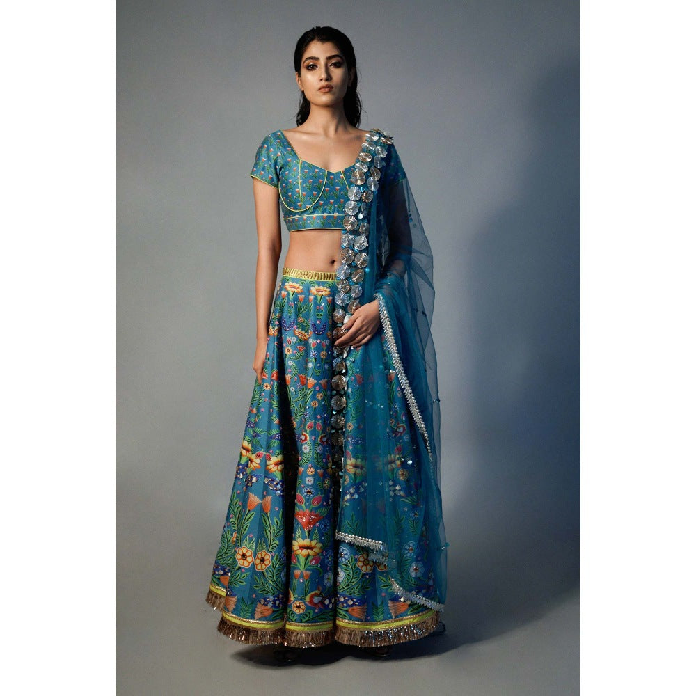 Saksham & Neharicka Blue Printed and Embroidered Lehenga (Set of 3)