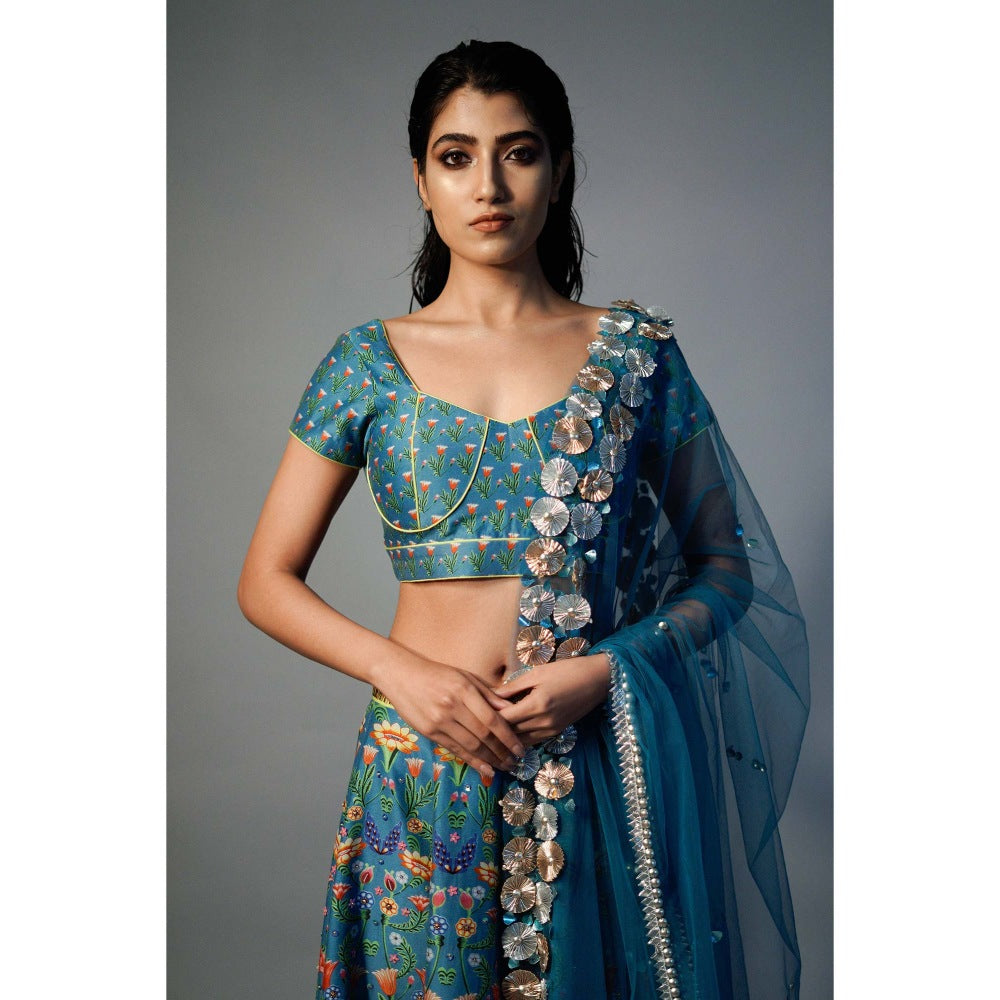 Saksham & Neharicka Blue Printed and Embroidered Lehenga (Set of 3)