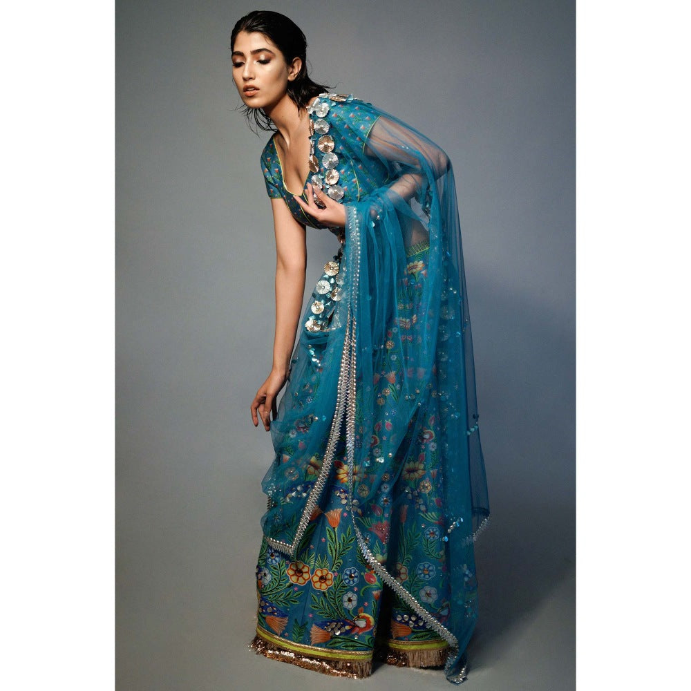Saksham & Neharicka Blue Printed and Embroidered Lehenga (Set of 3)