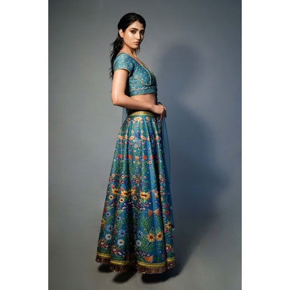 Saksham & Neharicka Blue Printed and Embroidered Lehenga (Set of 3)
