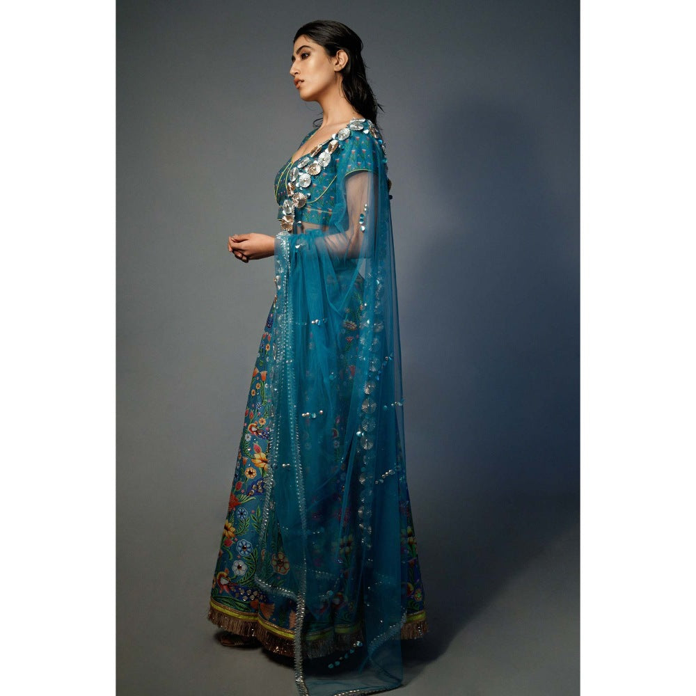 Saksham & Neharicka Blue Printed and Embroidered Lehenga (Set of 3)