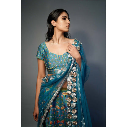 Saksham & Neharicka Blue Printed and Embroidered Lehenga (Set of 3)