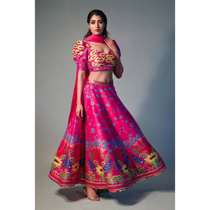 Saksham & Neharicka Pink Printed Lehenga (Set of 3)