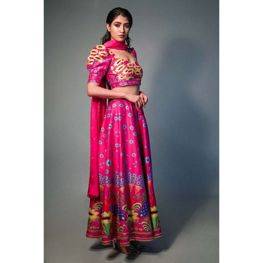 Saksham & Neharicka Pink Printed Lehenga (Set of 3)
