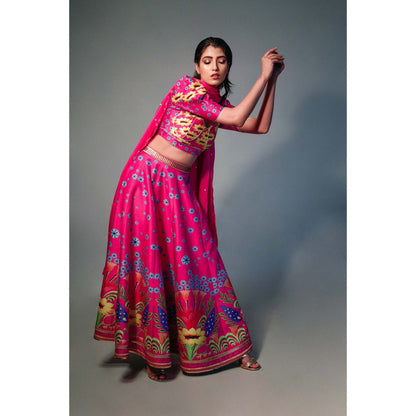 Saksham & Neharicka Pink Printed Lehenga (Set of 3)