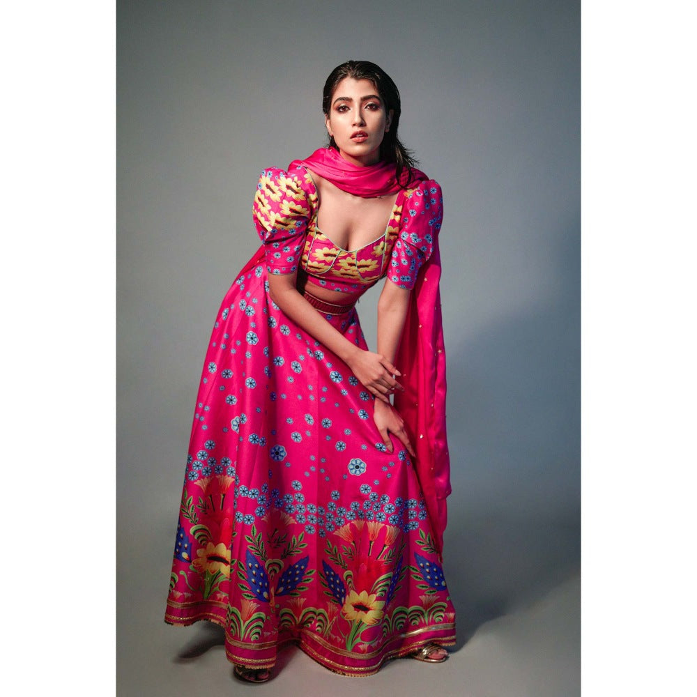Saksham & Neharicka Pink Printed Lehenga (Set of 3)