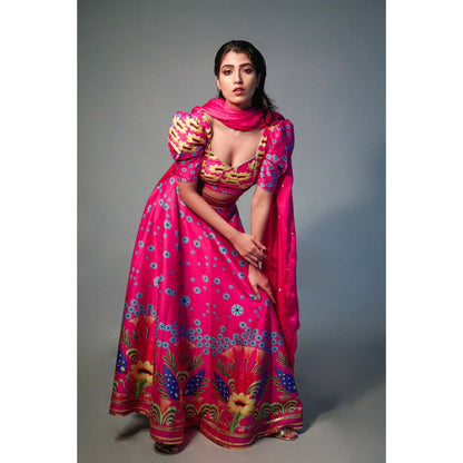 Saksham & Neharicka Pink Printed Lehenga (Set of 3)