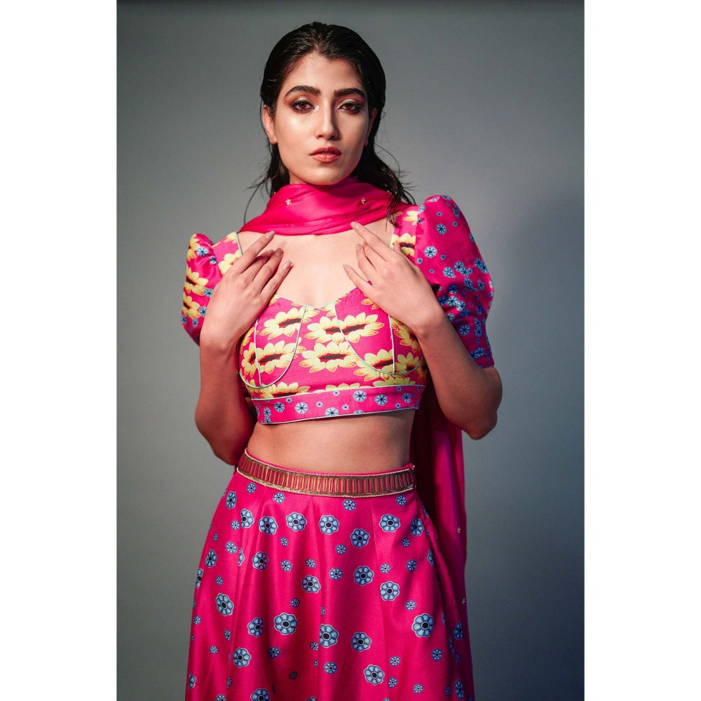 Saksham & Neharicka Pink Printed Lehenga (Set of 3)