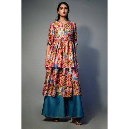 Saksham & Neharicka Pink Layered Kurta In Chanderi (Set of 2)