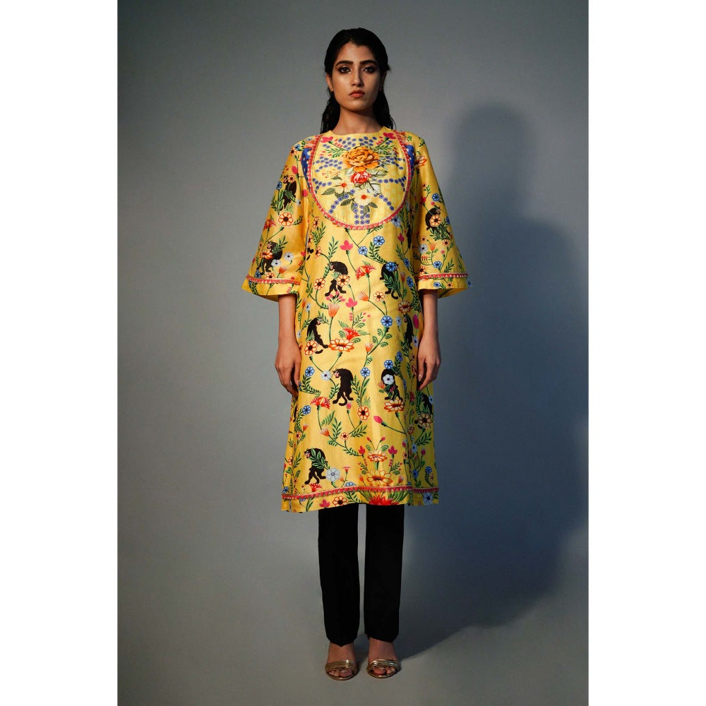 Saksham & Neharicka Yellow Printed Kurta In Chanderi
