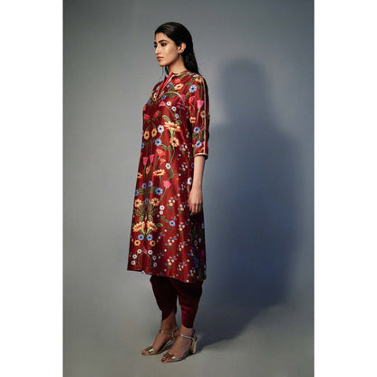 Saksham & Neharicka Maroon Printed Kurta In Chanderi (Set of 2)