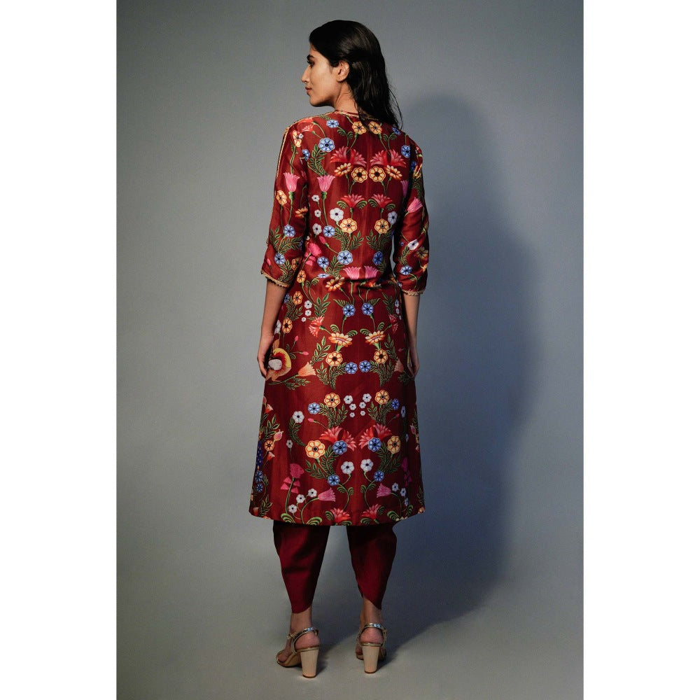 Saksham & Neharicka Maroon Printed Kurta In Chanderi (Set of 2)