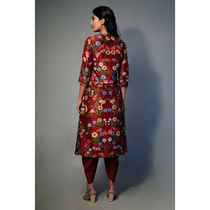 Saksham & Neharicka Maroon Printed Kurta In Chanderi (Set of 2)