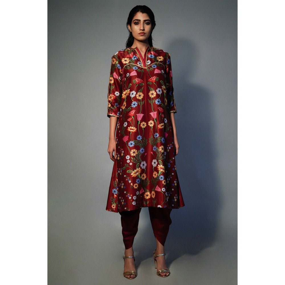 Saksham & Neharicka Maroon Printed Kurta In Chanderi