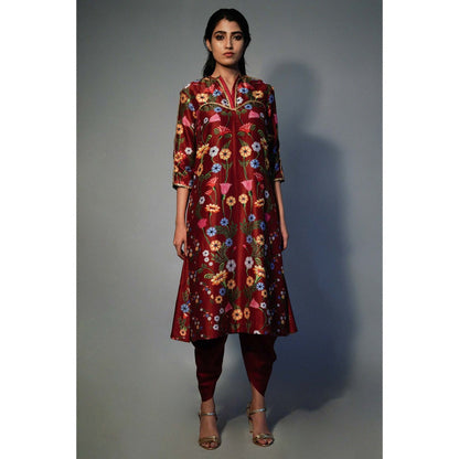Saksham & Neharicka Maroon Printed Kurta In Chanderi