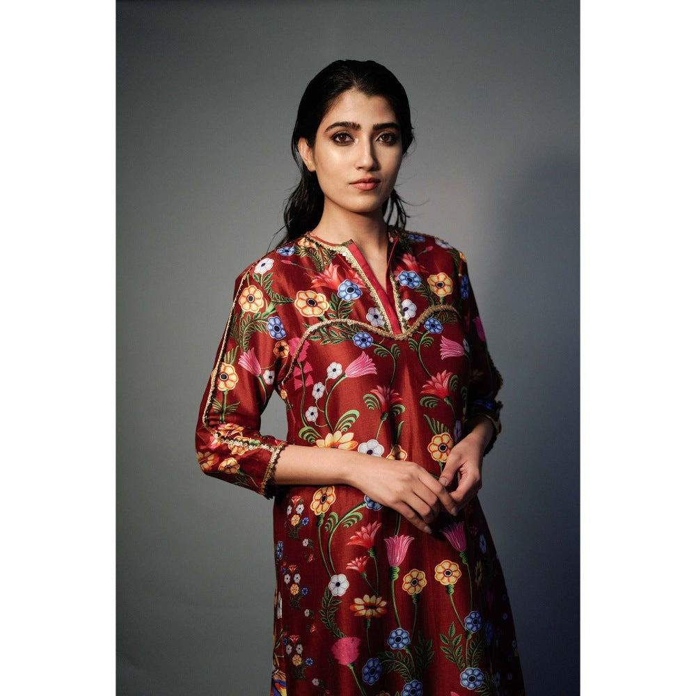 Saksham & Neharicka Maroon Printed Kurta In Chanderi
