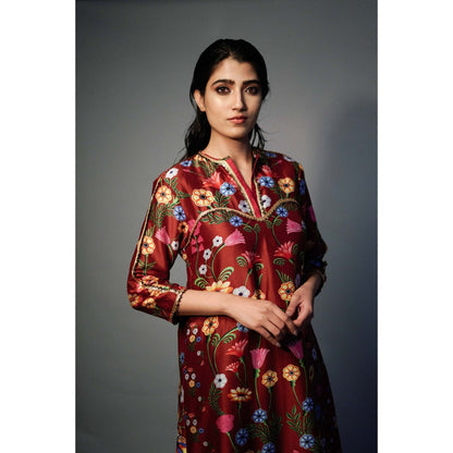 Saksham & Neharicka Maroon Printed Kurta In Chanderi
