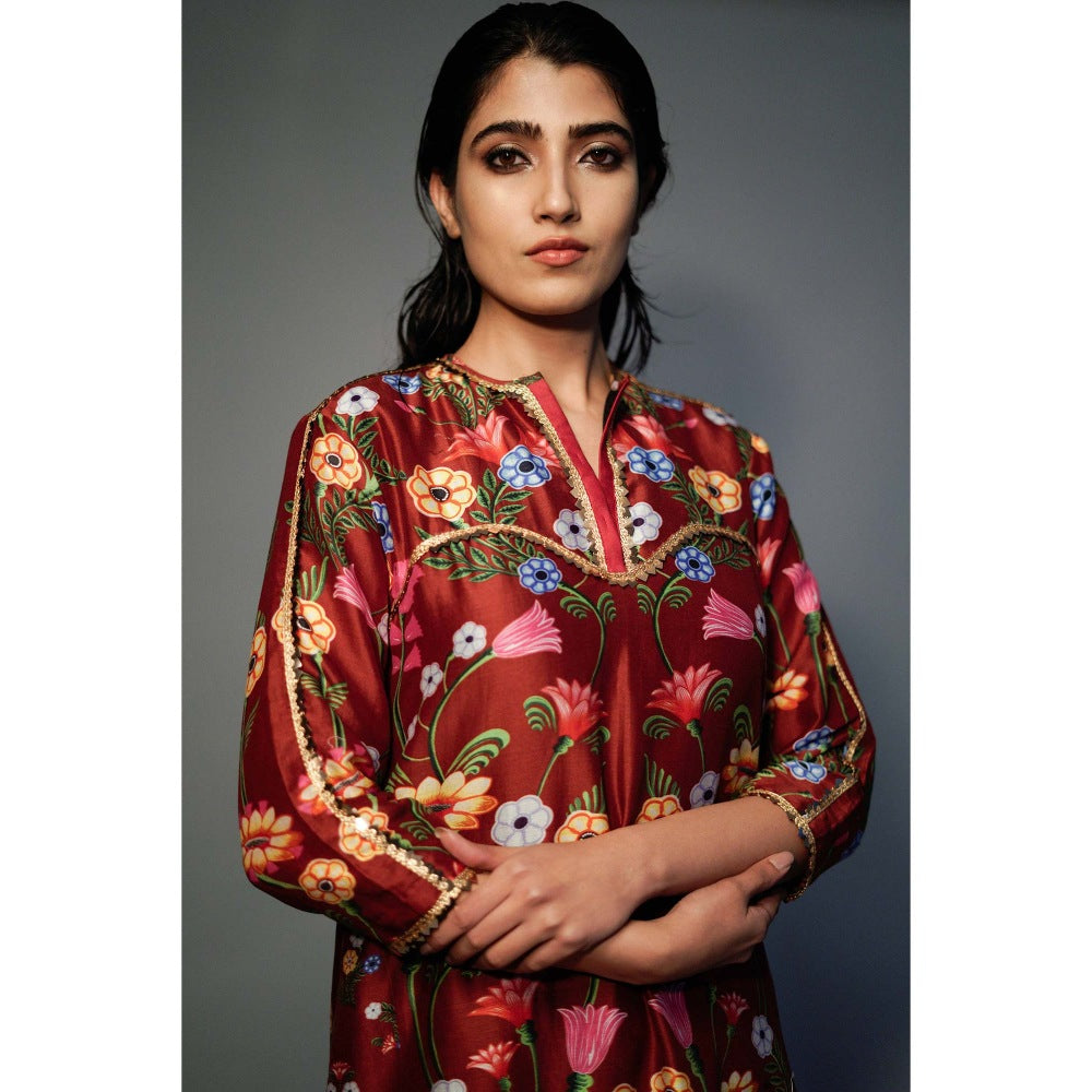 Saksham & Neharicka Maroon Printed Kurta In Chanderi