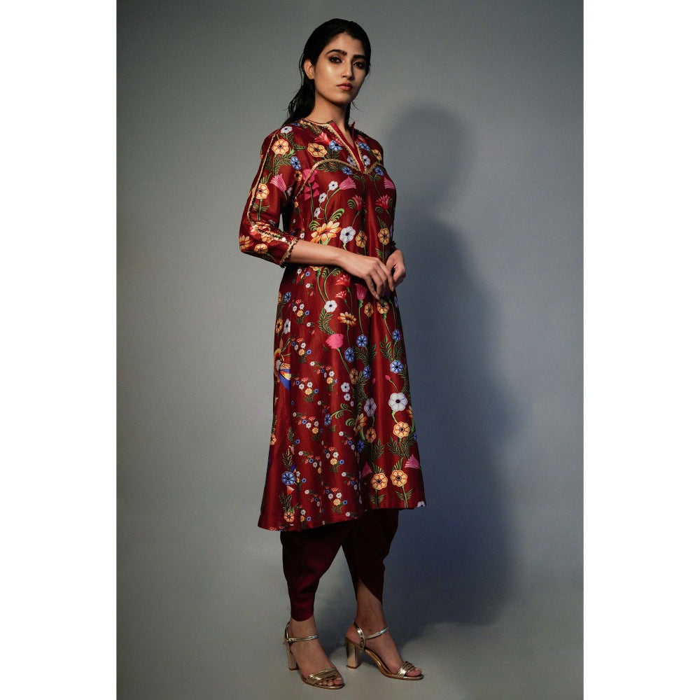 Saksham & Neharicka Maroon Printed Kurta In Chanderi