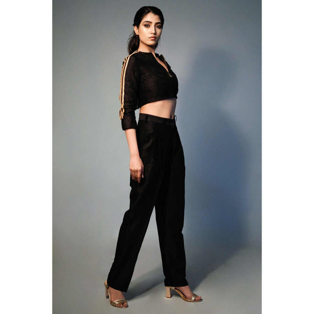 Saksham & Neharicka Black Single Pleated Pants In Chanderi