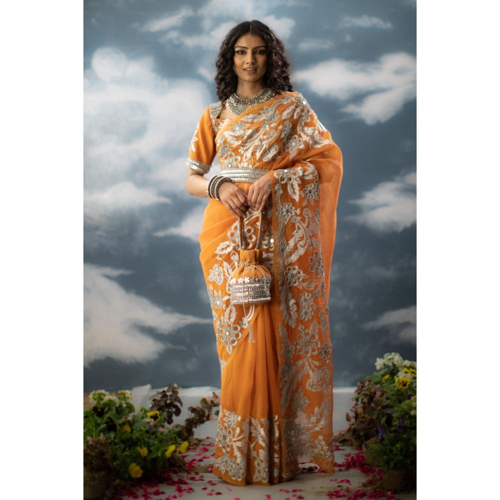 Saksham & Neharicka Orange Embroidered Saree In Organza with Unstitched Blouse