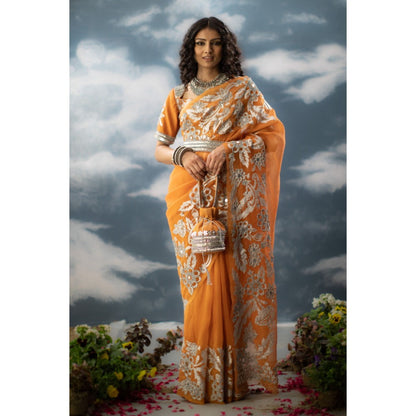 Saksham & Neharicka Orange Embroidered Saree In Organza with Unstitched Blouse