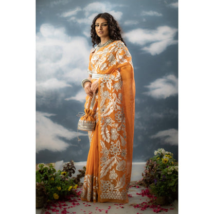 Saksham & Neharicka Orange Embroidered Saree In Organza with Unstitched Blouse