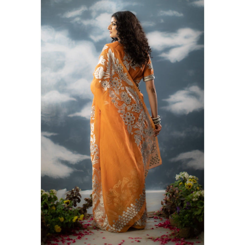 Saksham & Neharicka Orange Embroidered Saree In Organza with Unstitched Blouse
