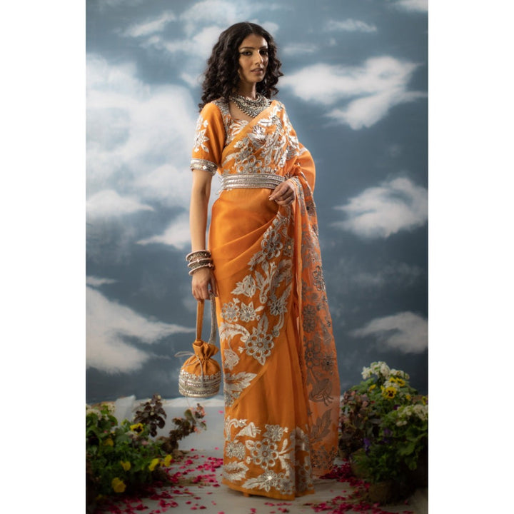 Saksham & Neharicka Orange Embroidered Saree In Organza with Unstitched Blouse